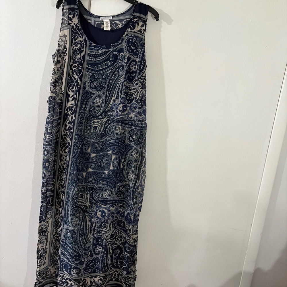 Amanda Lane Navy White Gray Paisley Lined Opaque Tank Maxi Dress Sz 14 Boho